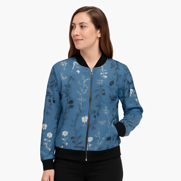 Damen-Bomberjacke mit Blumenmuster und Reißverschluss
