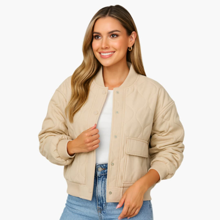 Damen-Bomberjacke mit Rippbündchen und Druckknopfverschluss