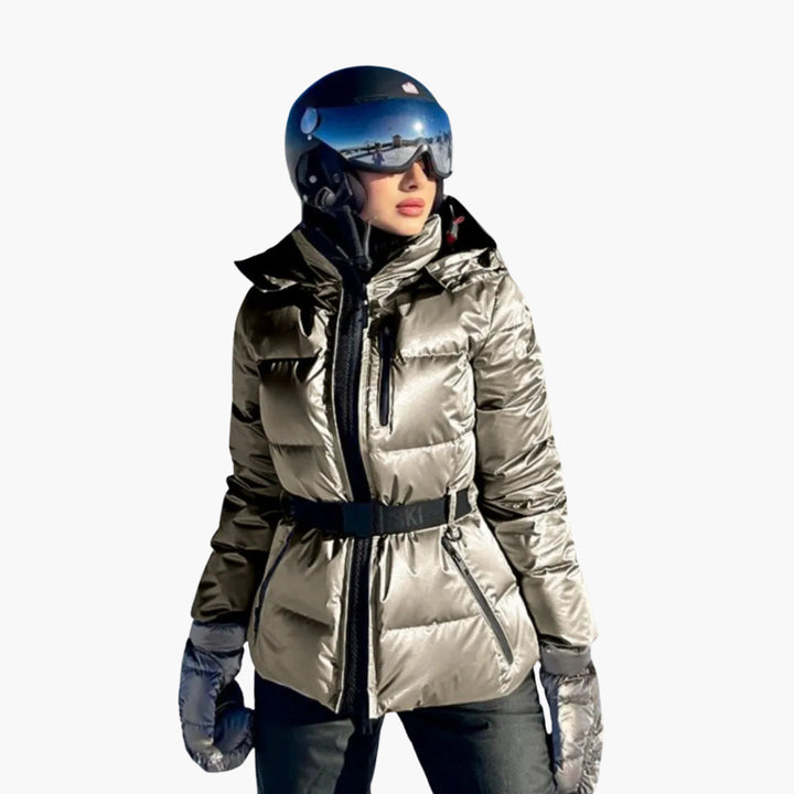 Modische Damen Skijacke mit Gürtel und Kapuze