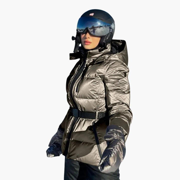 Modische Damen Skijacke mit Gürtel und Kapuze