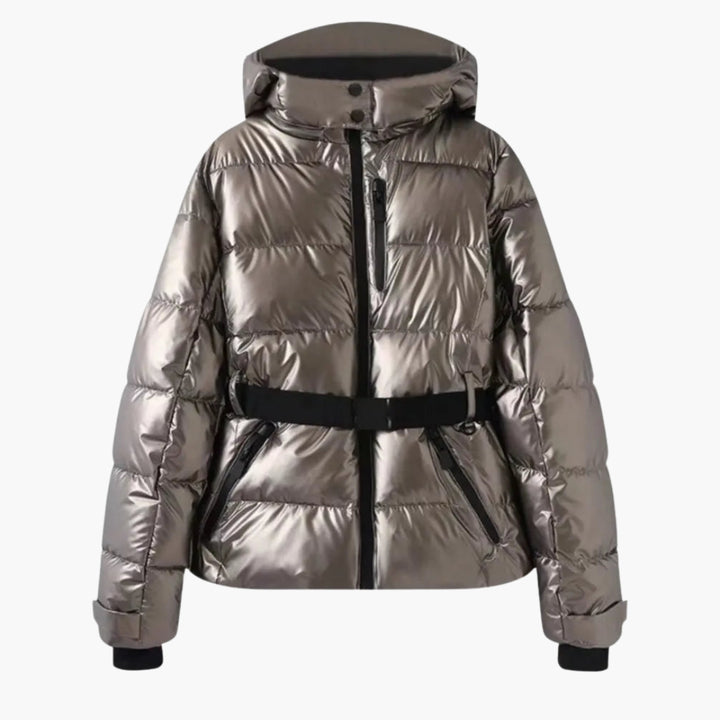 Modische Damen Skijacke mit Gürtel und Kapuze