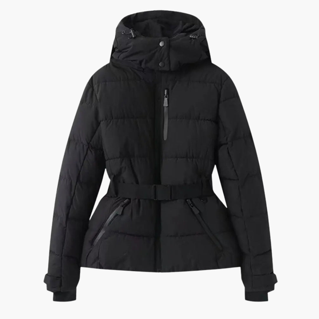 Modische Damen Skijacke mit Gürtel und Kapuze