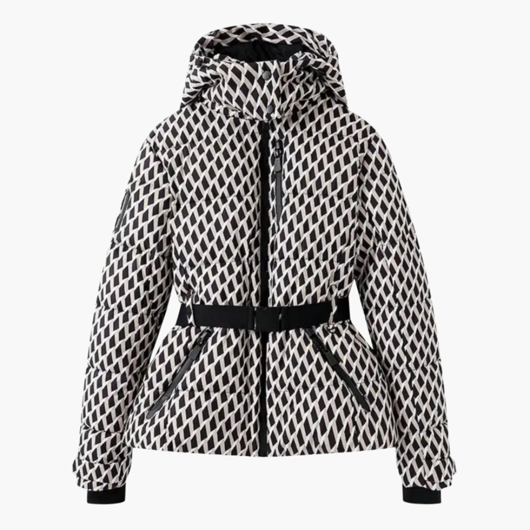 Modische Damen Skijacke mit Gürtel und Kapuze