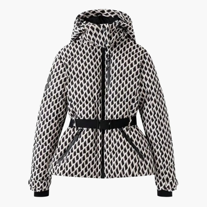 Modische Damen Skijacke mit Gürtel und Kapuze