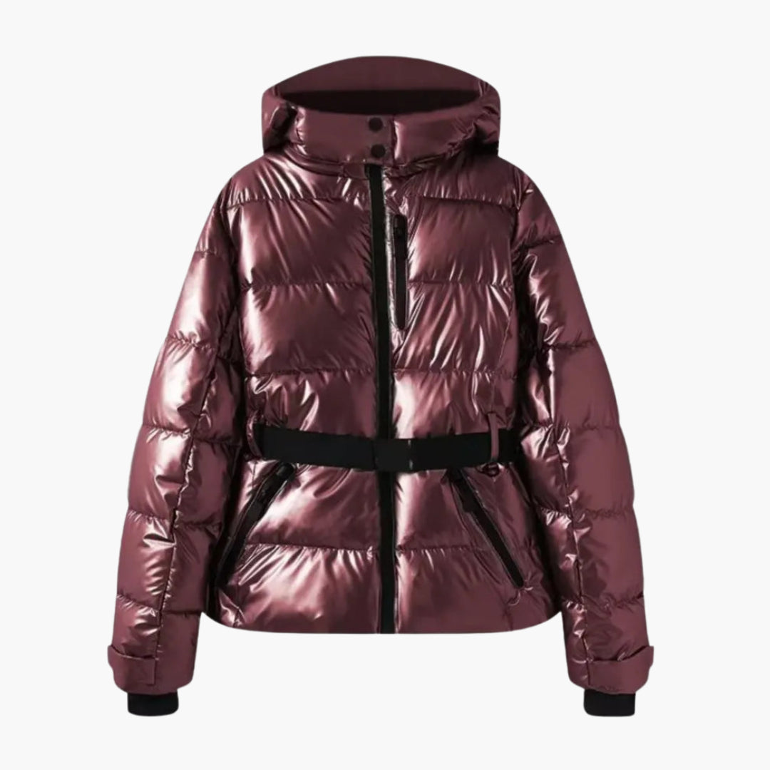 Modische Damen Skijacke mit Gürtel und Kapuze