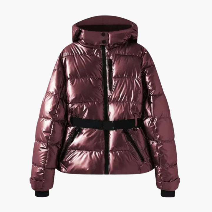 Modische Damen Skijacke mit Gürtel und Kapuze