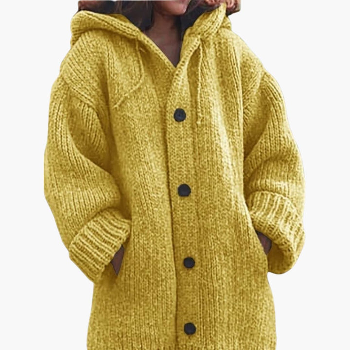Lange Damen-Strickjacke mit Kapuze Warme