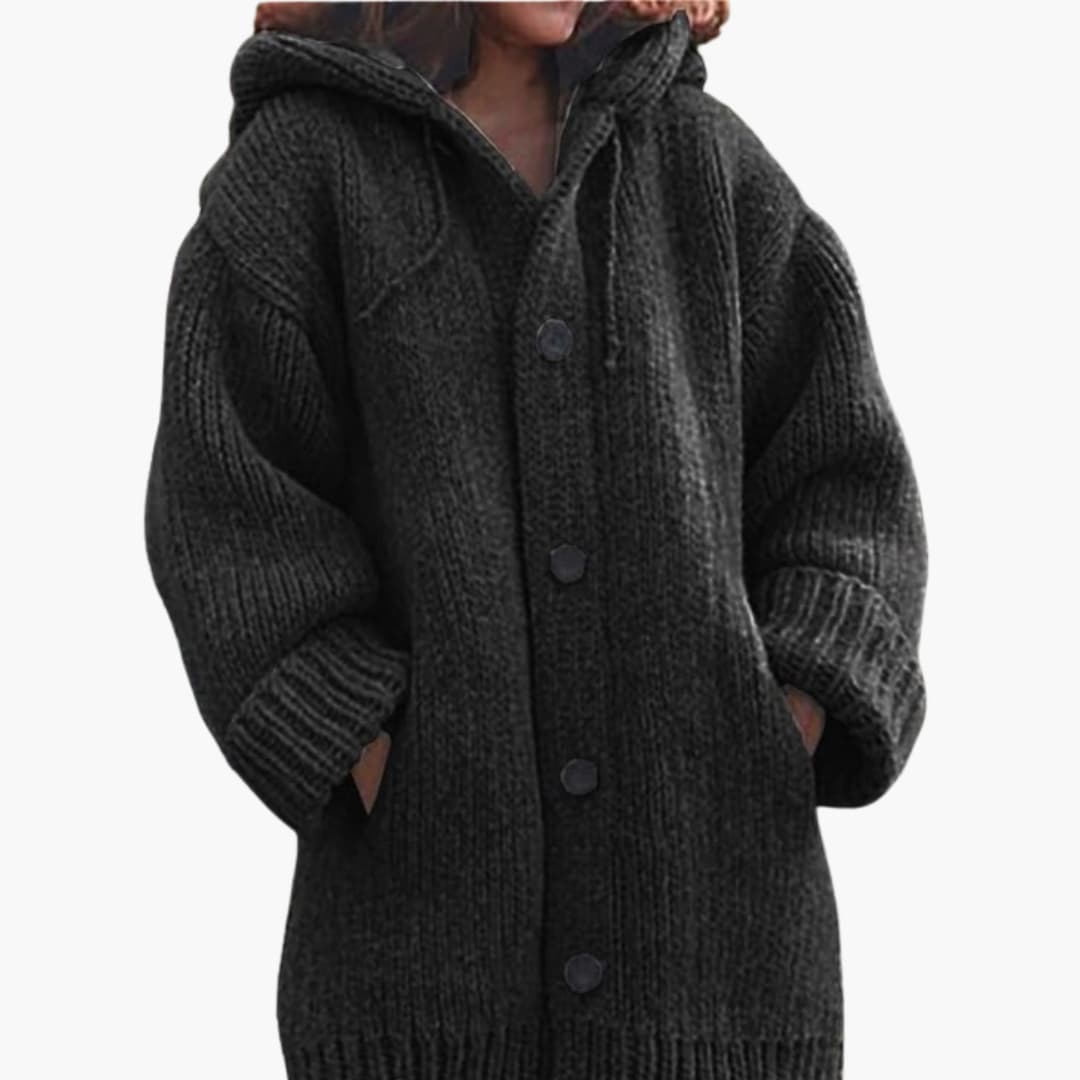 Lange Damen-Strickjacke mit Kapuze Warme