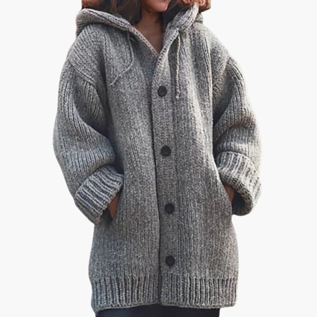 Lange Damen-Strickjacke mit Kapuze Warme