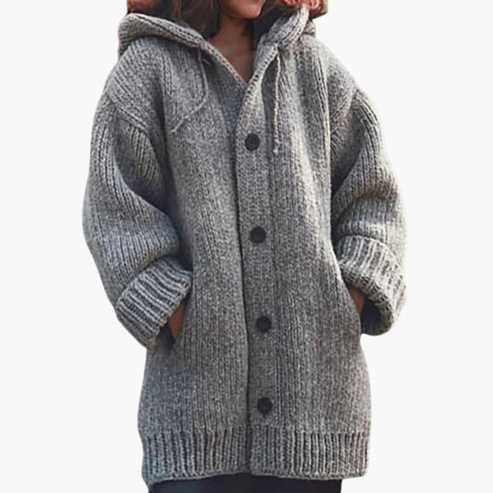 Lange Damen-Strickjacke mit Kapuze Warme