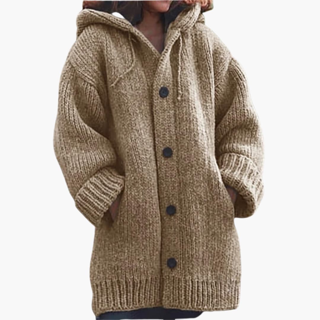 Lange Damen-Strickjacke mit Kapuze Warme