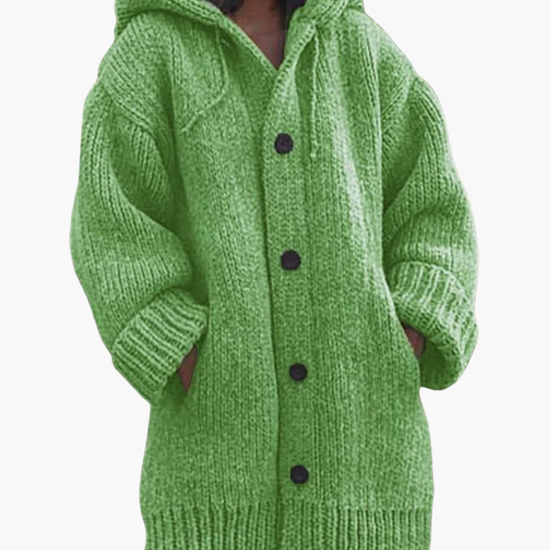 Lange Damen-Strickjacke mit Kapuze Warme