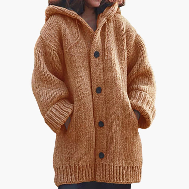 Lange Damen-Strickjacke mit Kapuze Warme