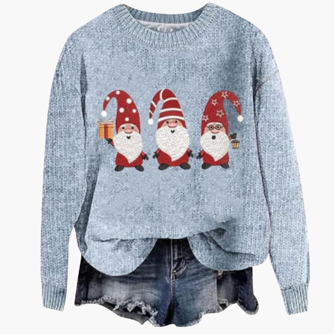 Damen Weihnachtspullover mit Santa Motiv und geripptem Saum