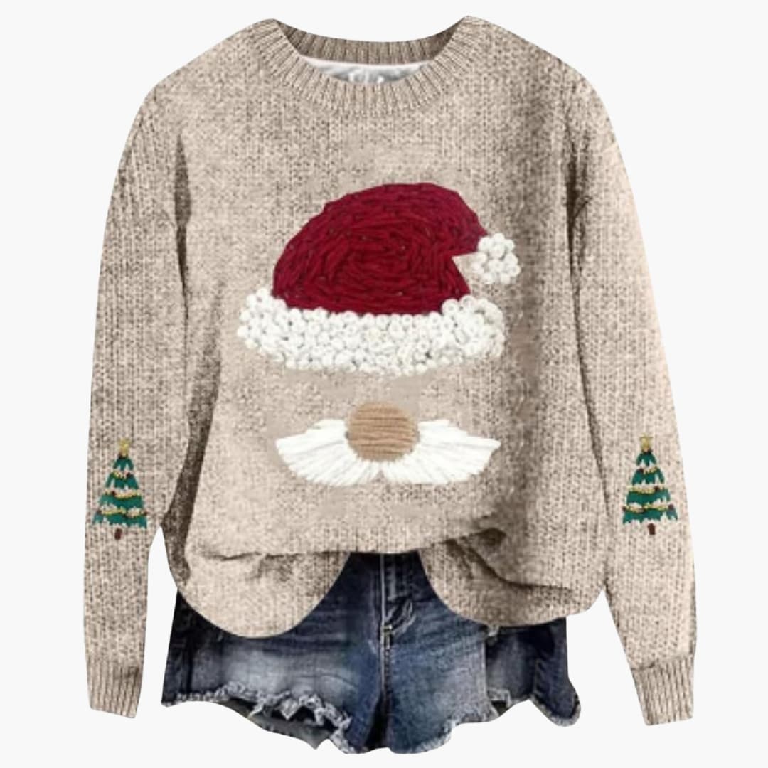 Damen Weihnachtspullover mit Santa Motiv und geripptem Saum