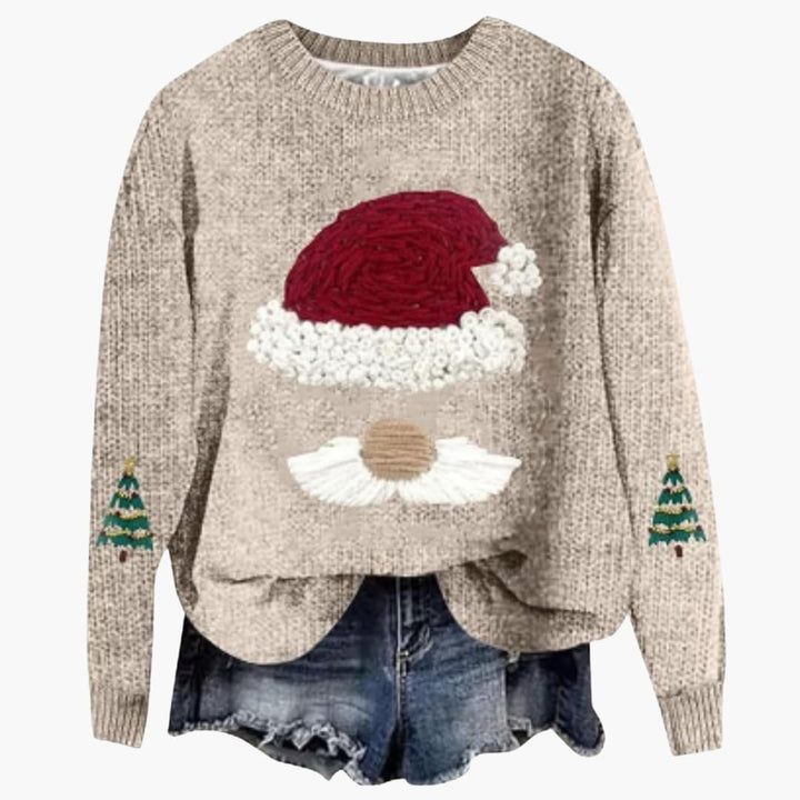 Damen Weihnachtspullover mit Santa Motiv und geripptem Saum