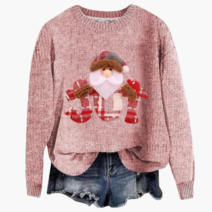 Damen Weihnachtspullover mit Santa Motiv und geripptem Saum
