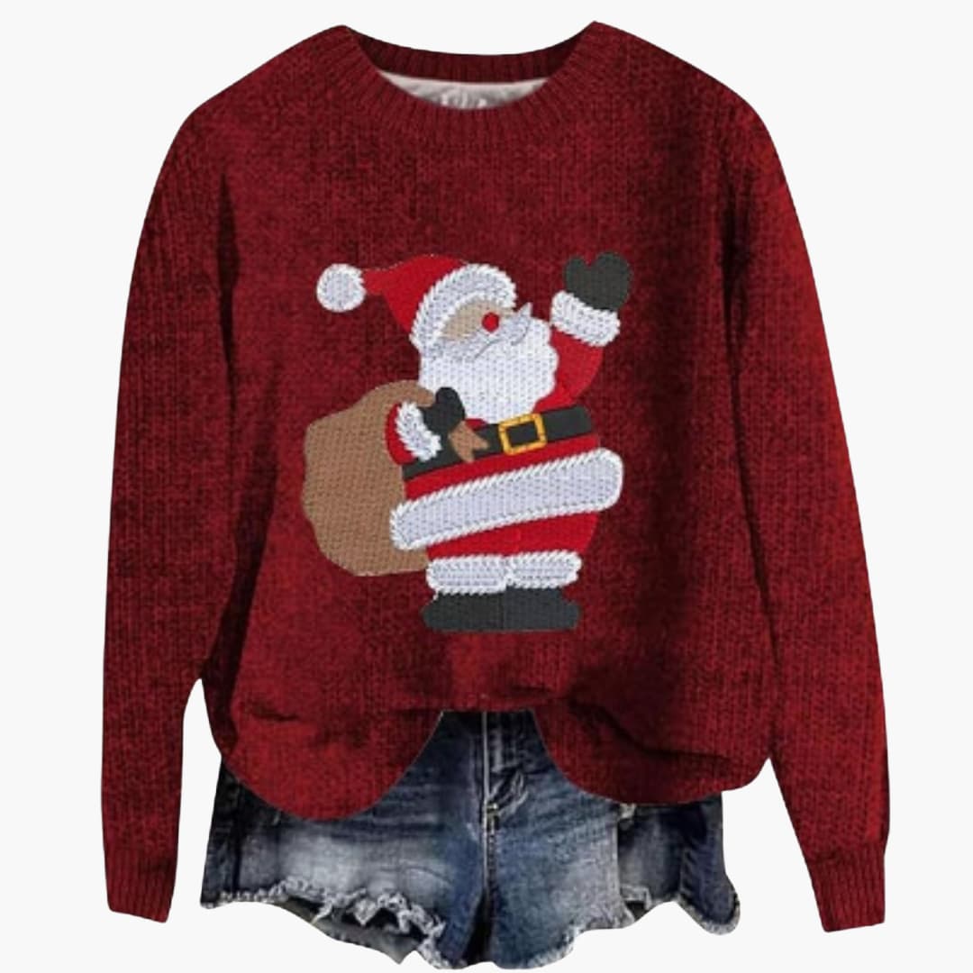 Damen Weihnachtspullover mit Santa Motiv und geripptem Saum