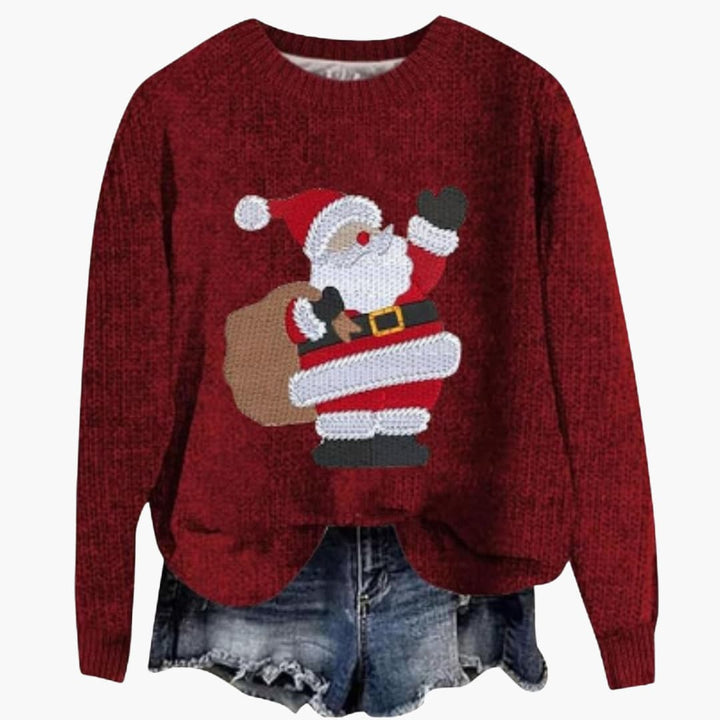 Damen Weihnachtspullover mit Santa Motiv und geripptem Saum