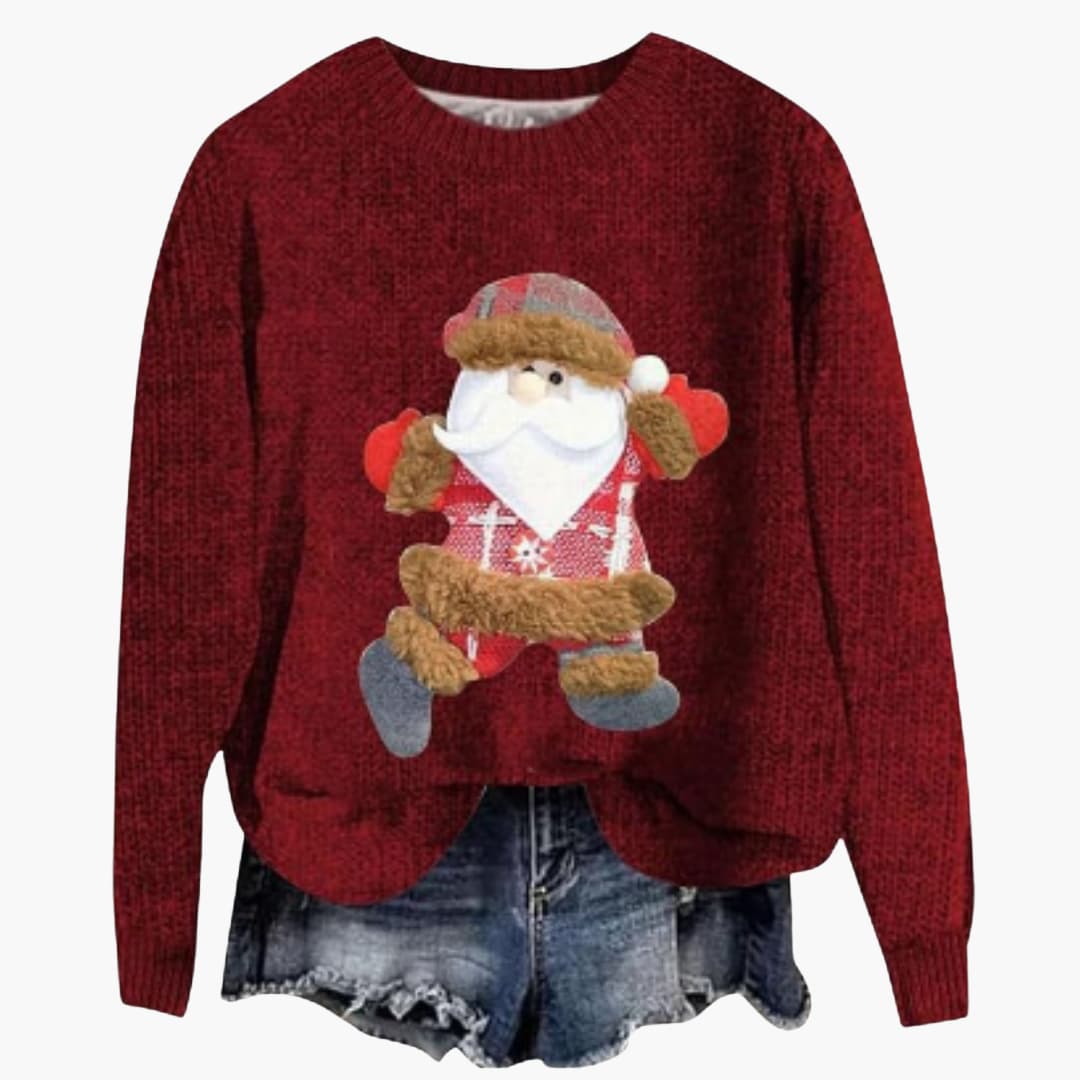 Damen Weihnachtspullover mit Santa Motiv und geripptem Saum