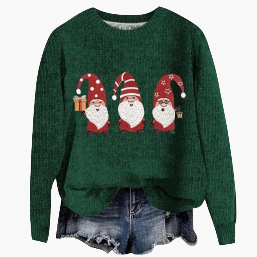 Damen Weihnachtspullover mit Santa Motiv und geripptem Saum