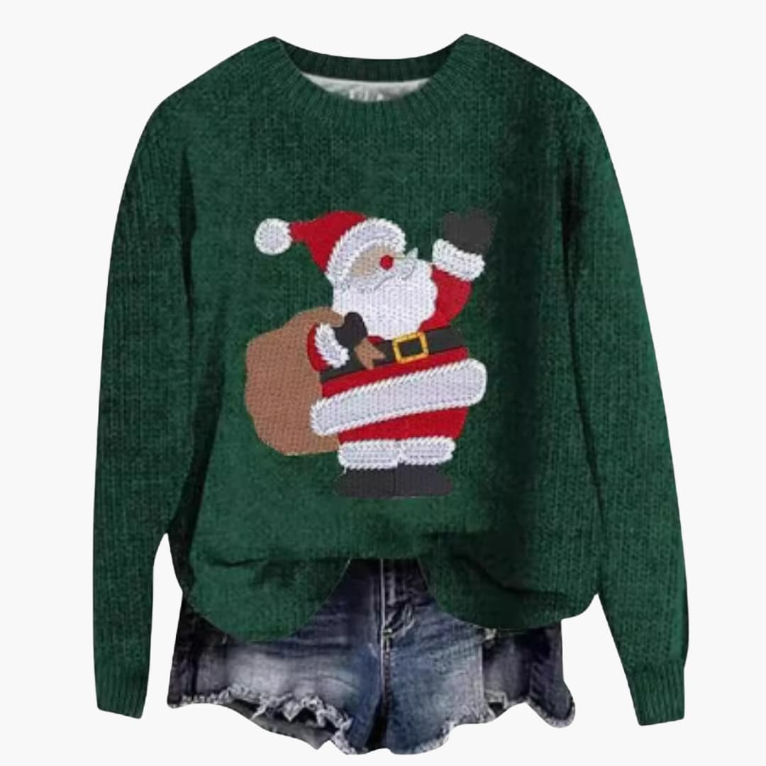 Damen Weihnachtspullover mit Santa Motiv und geripptem Saum