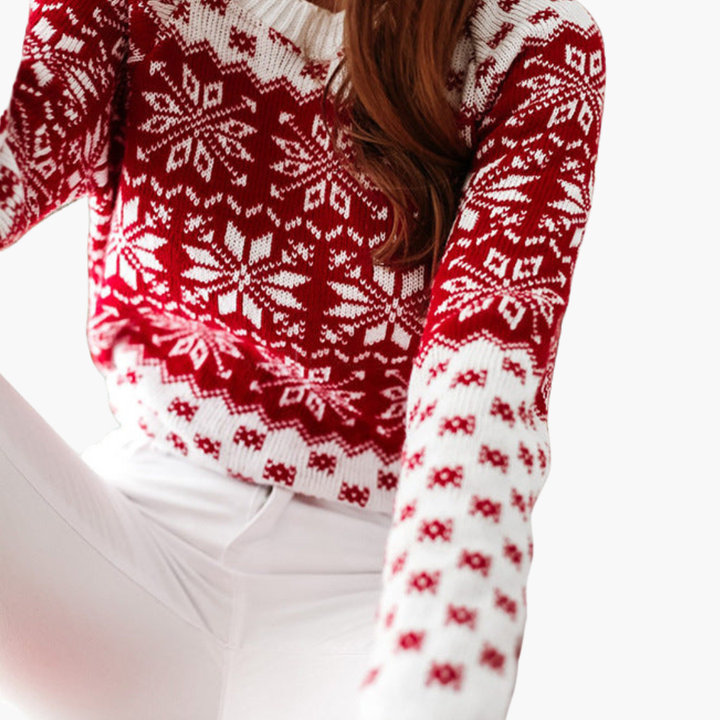 Damen-Weihnachtspullover mit Schneeflockenmotiv und Rippbündchen