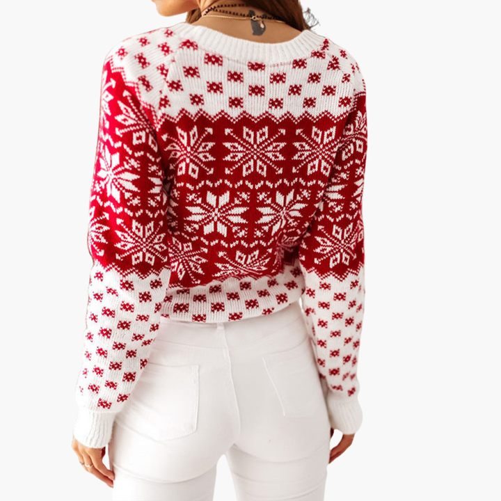 Damen-Weihnachtspullover mit Schneeflockenmotiv und Rippbündchen