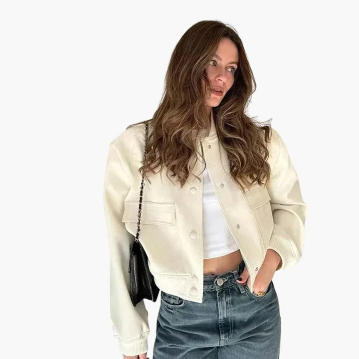 Damen Cropped Jacke mit Druckknöpfen und Klappentaschen