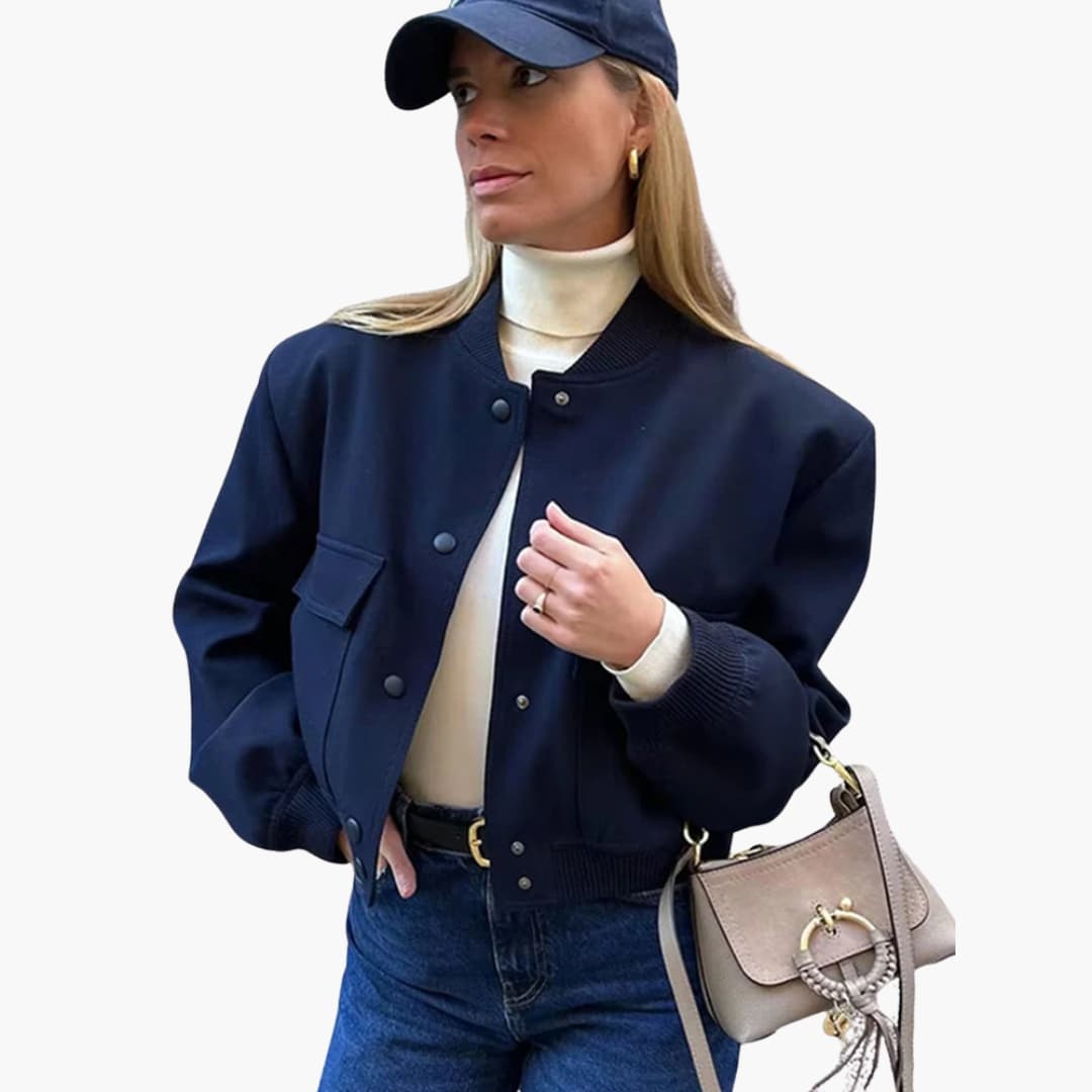 Damen Cropped Jacke mit Druckknöpfen und Klappentaschen