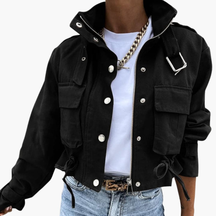 Damen Cropped Jacke mit Klappentaschen und Reißverschluss