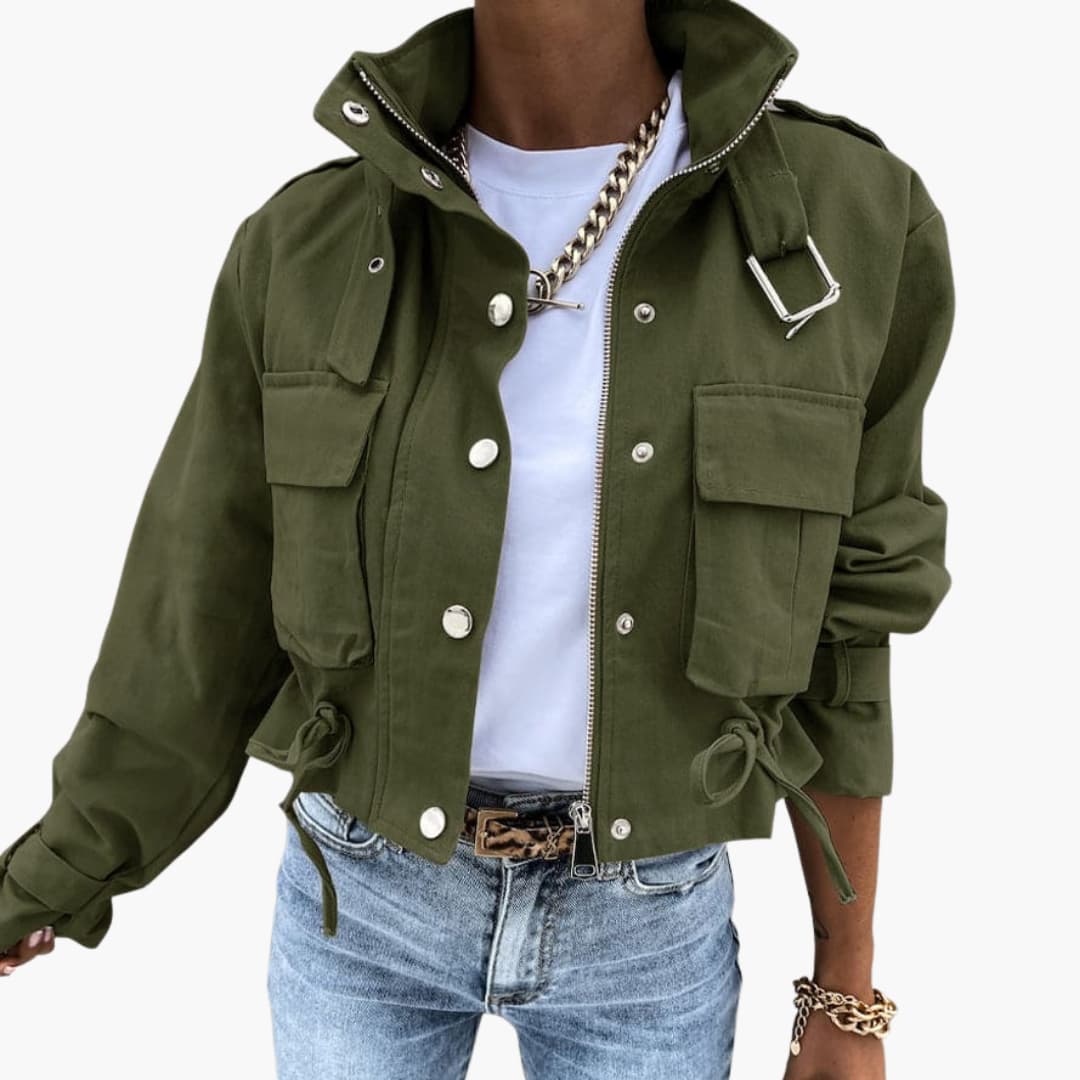 Damen Cropped Jacke mit Klappentaschen und Reißverschluss