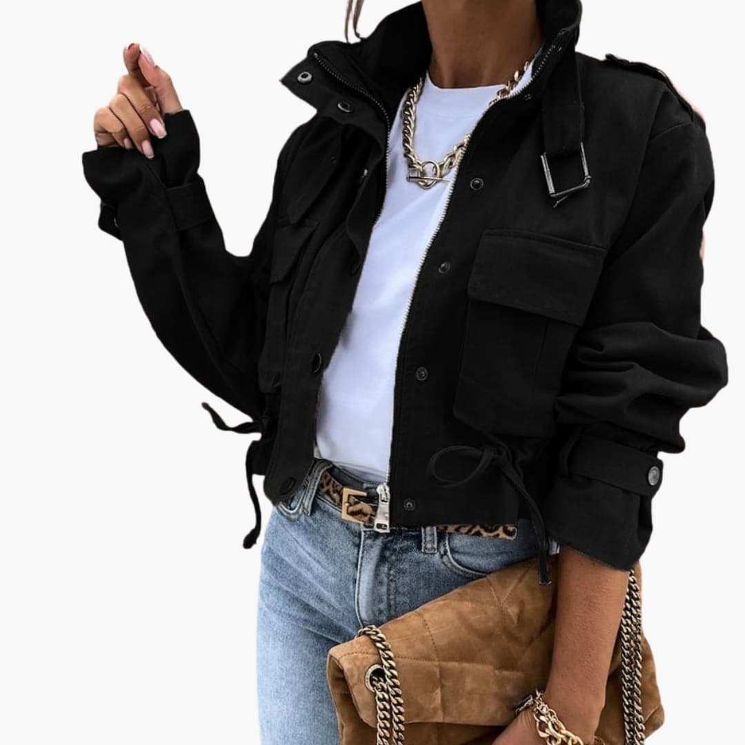 Damen Cropped Jacke mit Klappentaschen und Reißverschluss