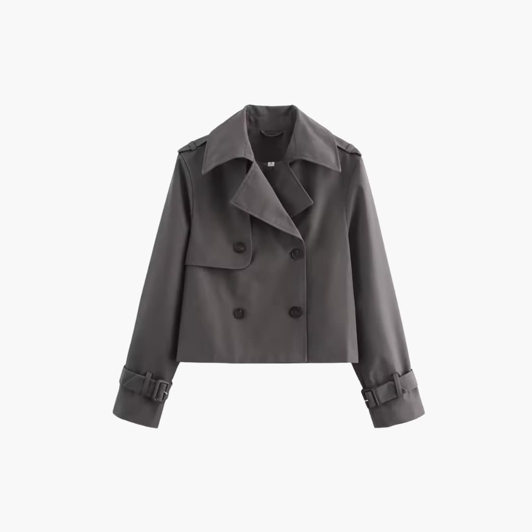 Damen Kurz-Trenchcoat mit doppeltem Frontverschluss und Schnallenmanschetten