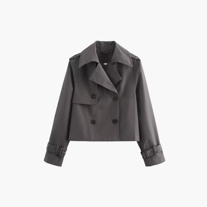 Damen Kurz-Trenchcoat mit doppeltem Frontverschluss und Schnallenmanschetten