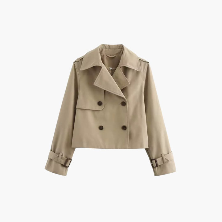 Damen Kurz-Trenchcoat mit doppeltem Frontverschluss und Schnallenmanschetten