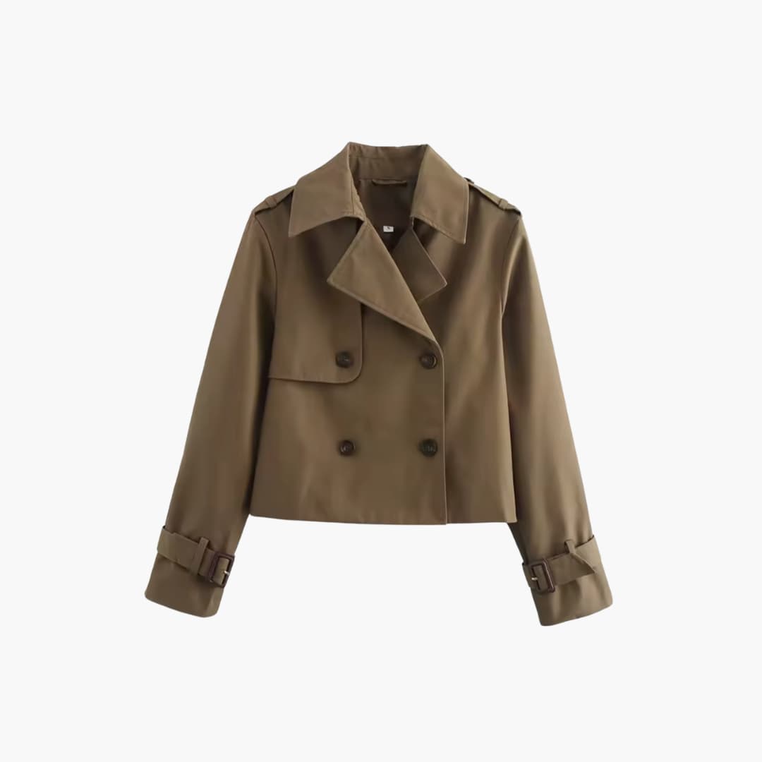 Damen Kurz-Trenchcoat mit doppeltem Frontverschluss und Schnallenmanschetten