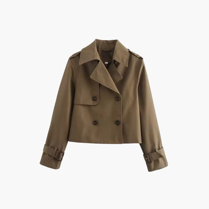 Damen Kurz-Trenchcoat mit doppeltem Frontverschluss und Schnallenmanschetten