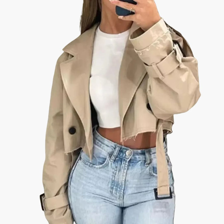 Damen Kurzer Trenchcoat mit Gürtel und Doppelreihe Knöpfen