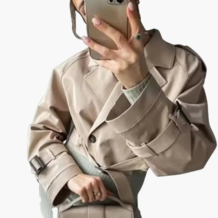 Damen Kurzer Trenchcoat mit Gürtel und Doppelreihe Knöpfen