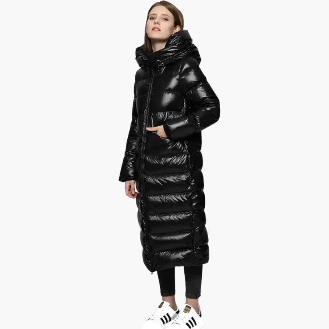 Damen Lange Daunenjacke mit Reißverschluss und Kapuze