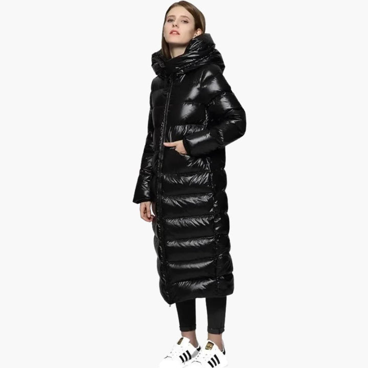 Damen Lange Daunenjacke mit Reißverschluss und Kapuze