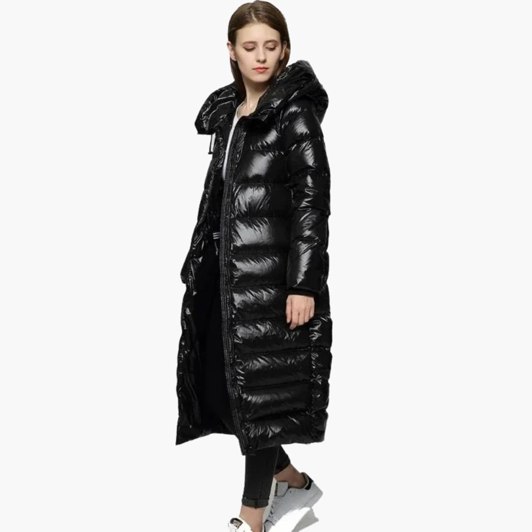 Damen Lange Daunenjacke mit Reißverschluss und Kapuze