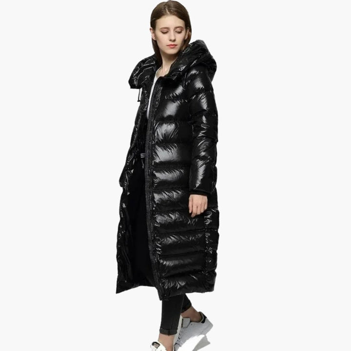 Damen Lange Daunenjacke mit Reißverschluss und Kapuze