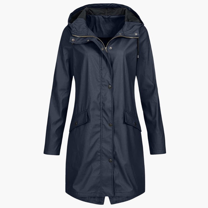 Damen Langregenjacke mit Kapuze und Druckknopfverschluss