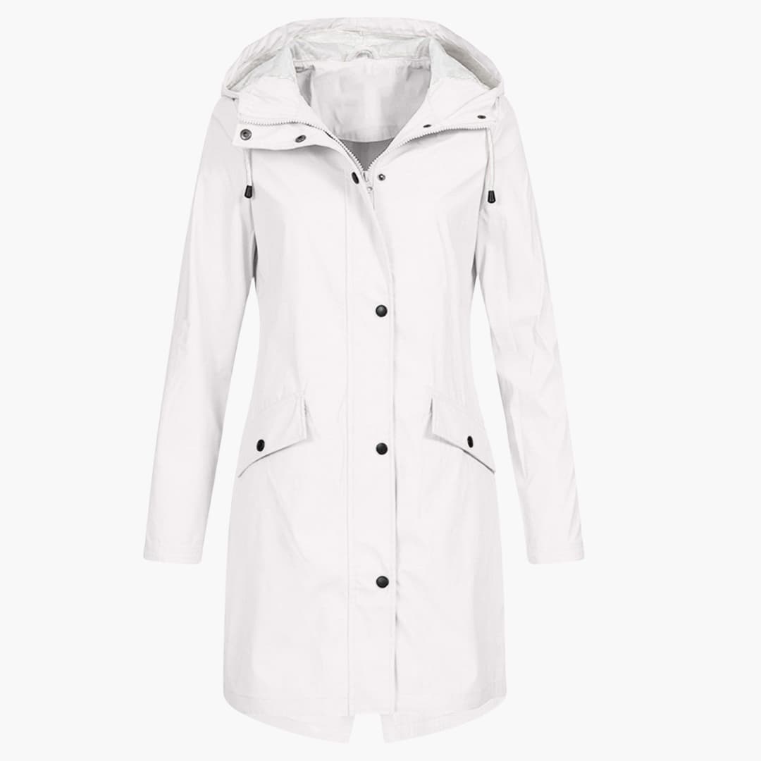 Damen Langregenjacke mit Kapuze und Druckknopfverschluss