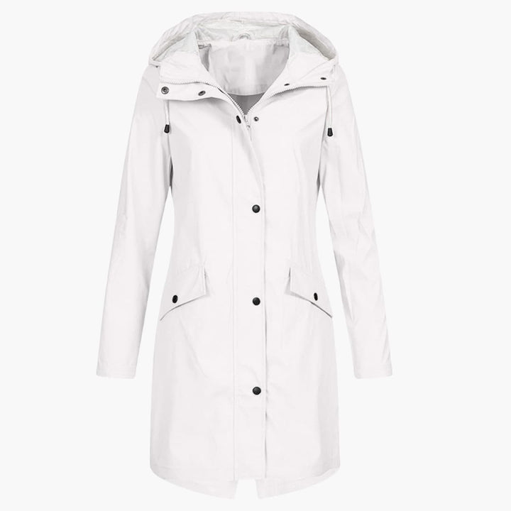 Damen Langregenjacke mit Kapuze und Druckknopfverschluss