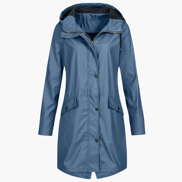Damen Langregenjacke mit Kapuze und Druckknopfverschluss