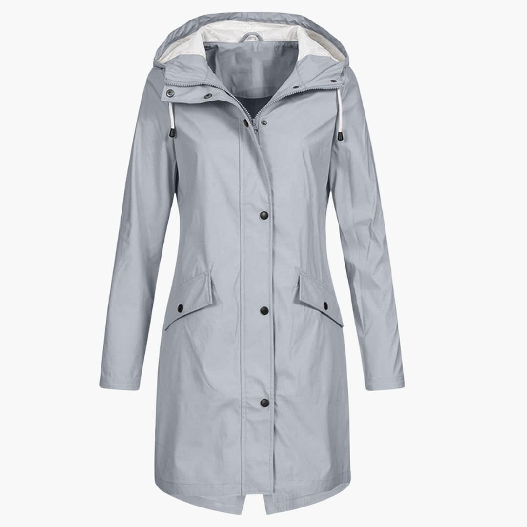 Damen Langregenjacke mit Kapuze und Druckknopfverschluss