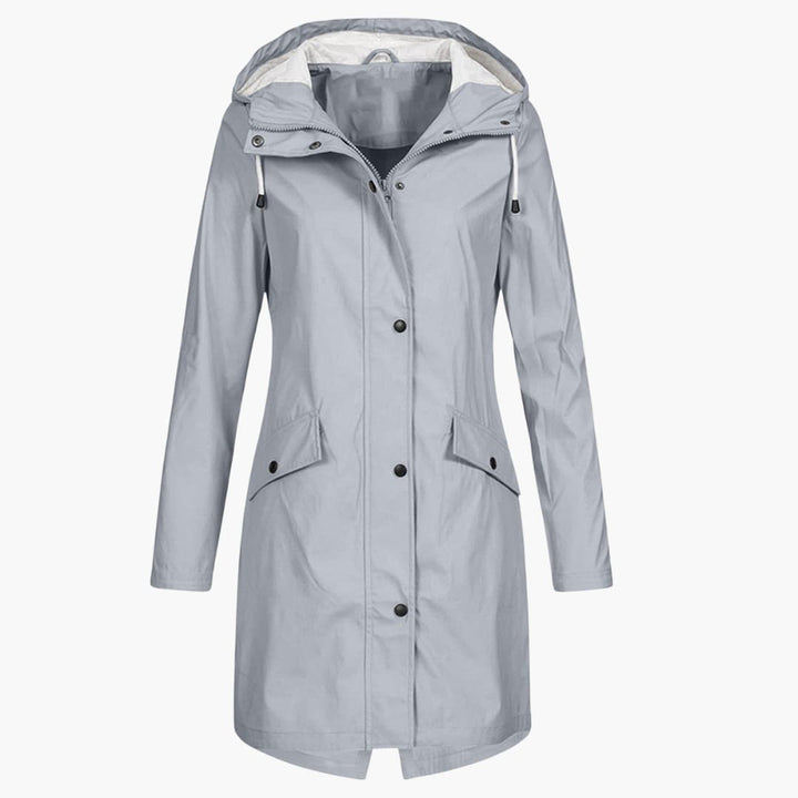 Damen Langregenjacke mit Kapuze und Druckknopfverschluss